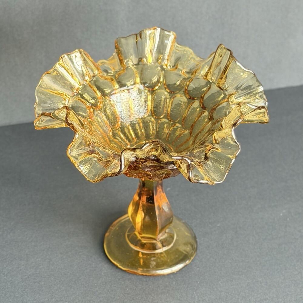 Vintage Fenton Amber Glass Thumbprint Ruffled Edge Pedestal Compote Candy Dish